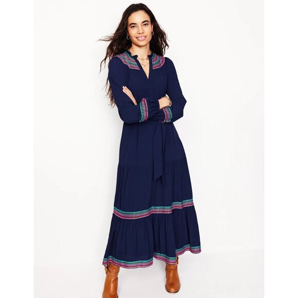 Boden Dresses & Skirts - Boden Womens Yoke Midi Dress Size UK 14R US 10 R Navy Blue Embroidered D1130 NWT